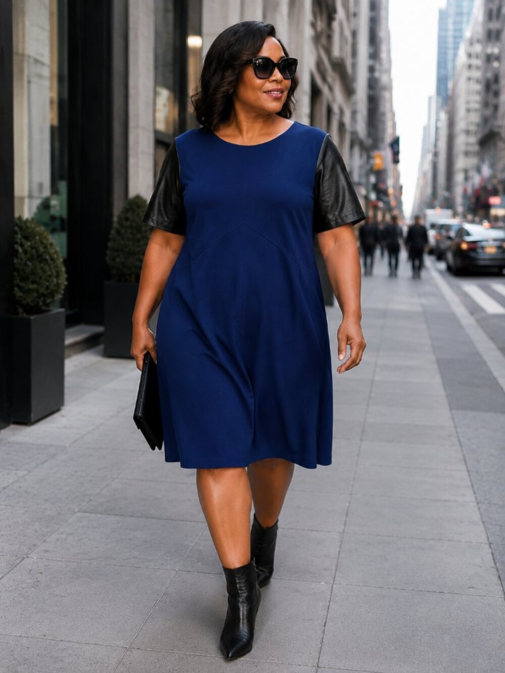 Alexia Admor Blue Sheath Dress 2X Faux Leather Sleeve Career Cocktail